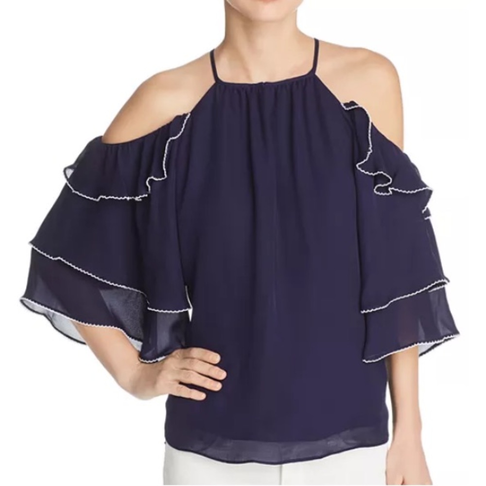 EUC Parker Medium Cindy Cold-Shoulder Silk Top Blue